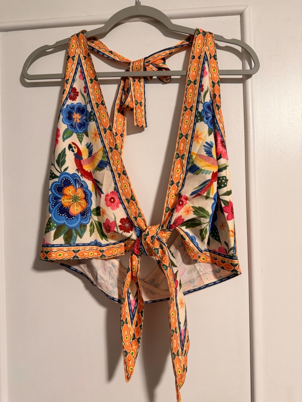 SHEIN Multicolor Floral & Parrot Tie-Back Halter Tank Top